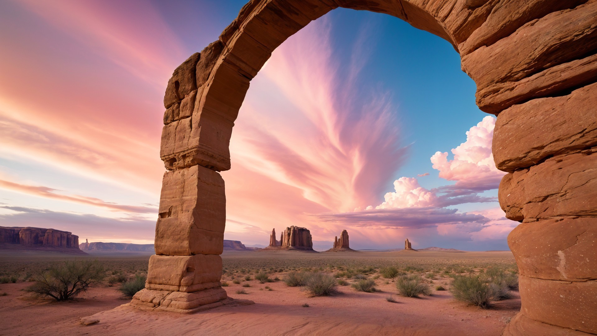 Desert Landscape with Stone Archway at Sunset