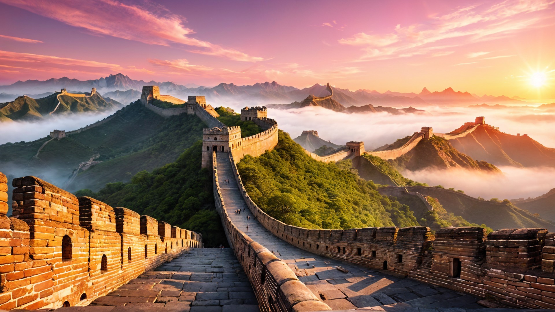 Great Wall of China at Sunrise Over Rugged Mountains