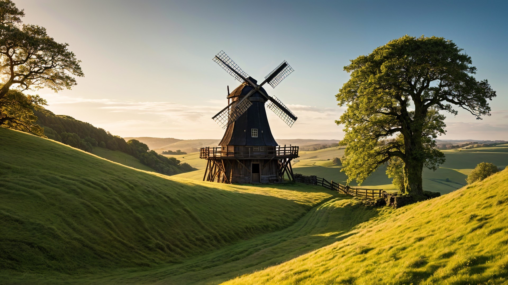 Serene Countryside Landscape with Windmill and Hills