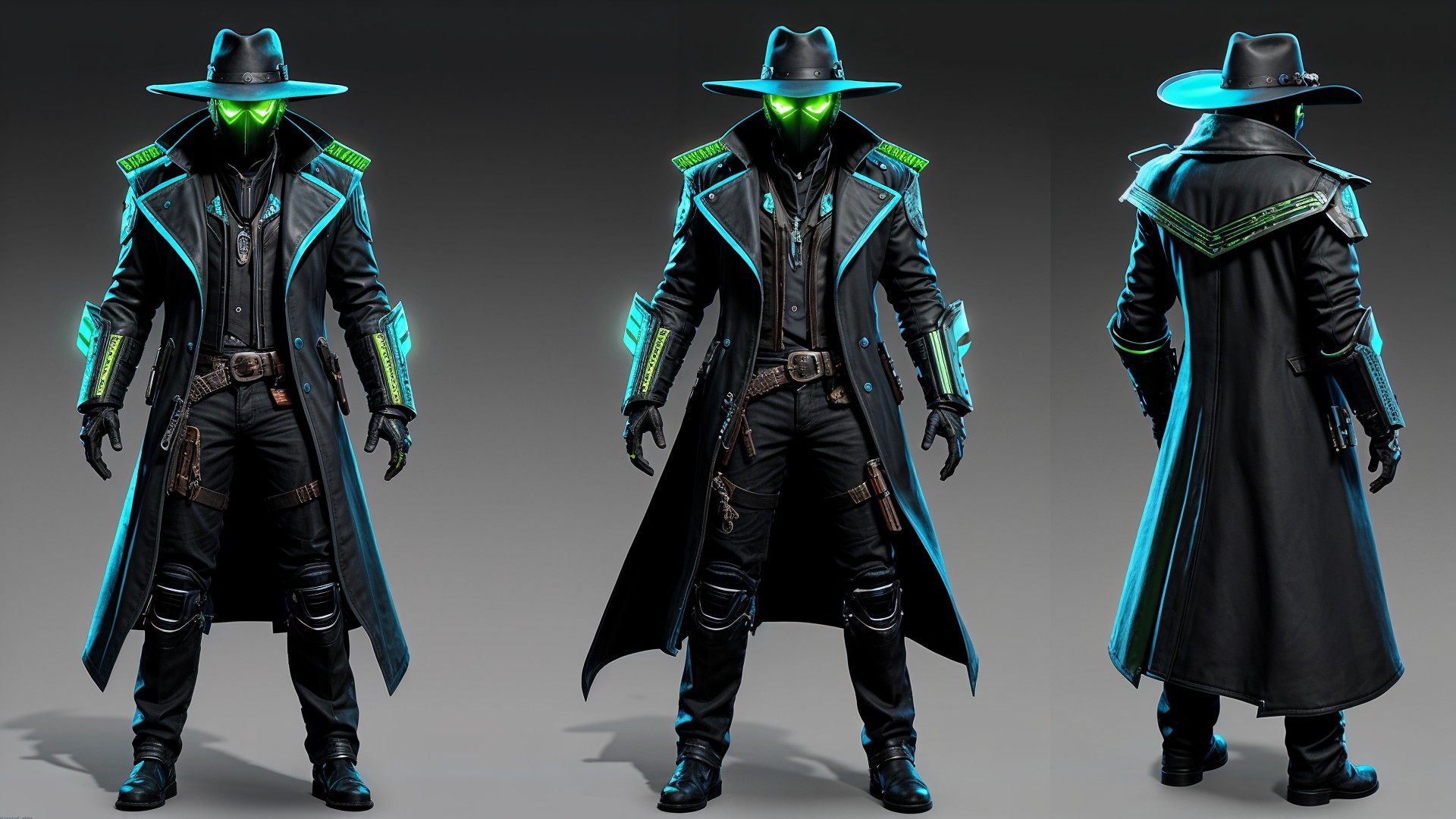 Futuristic character in dark trench coat with neon accents
