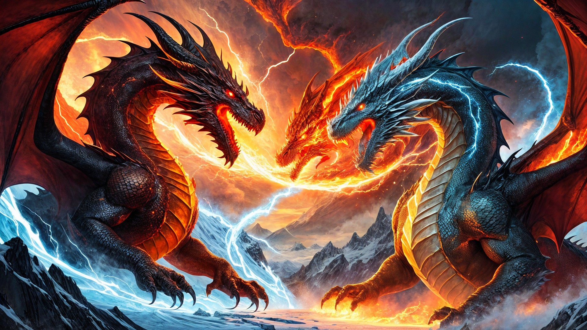 Colossal Dragons Battle Amidst Stormy Skies