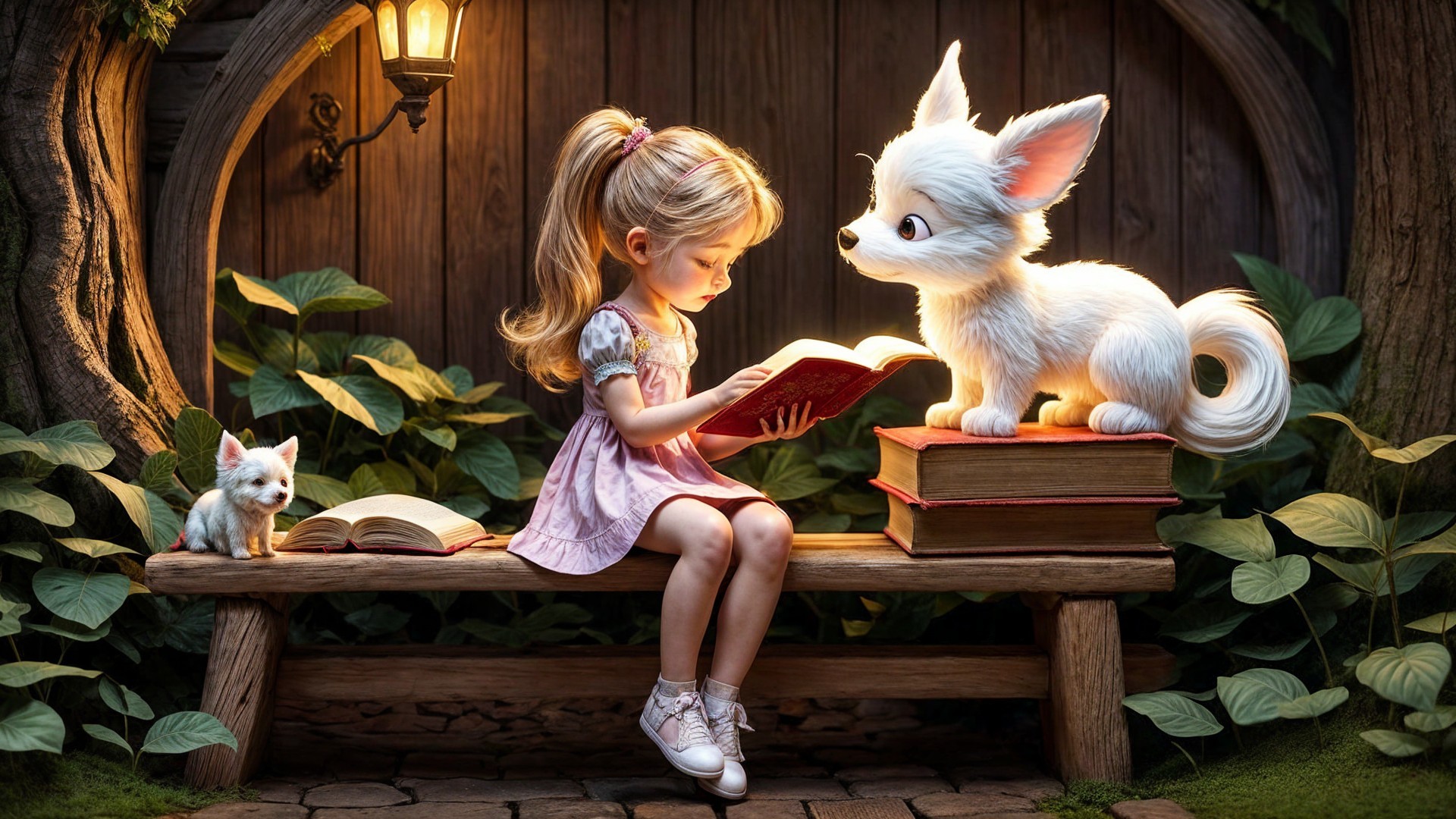 Young Girl Reading in Enchanted Garden Setting