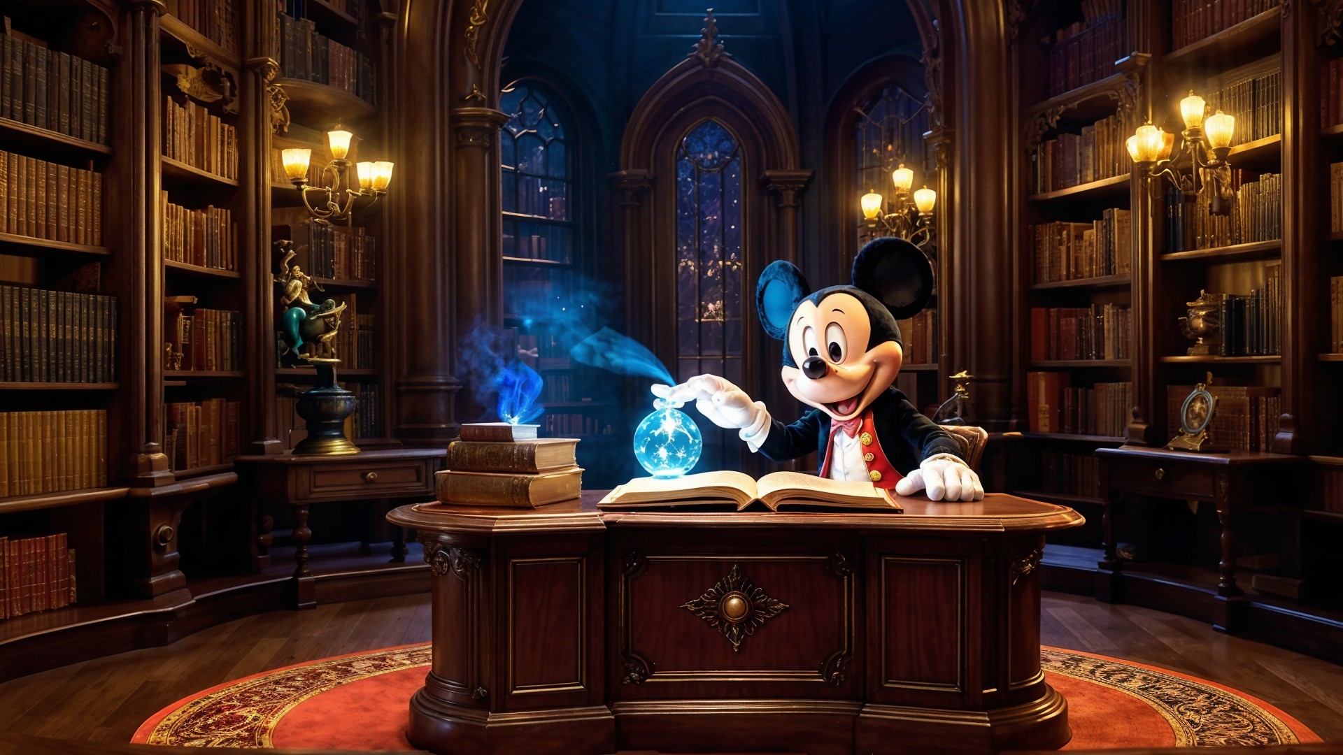 Magical Library Scene with Enchanted Book and Mouse