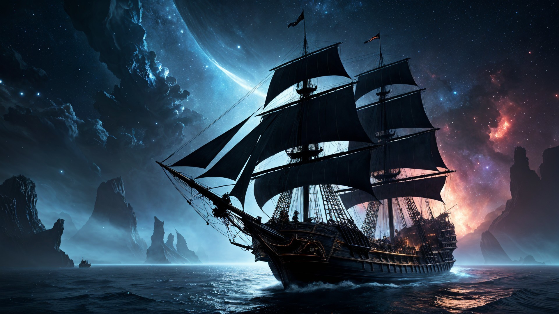 Majestic Ship Sailing Through Cosmic Sea at Night