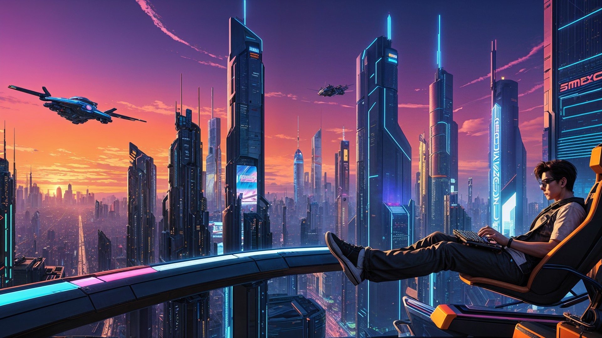 Futuristic cityscape with skyscrapers and flying vehicles
