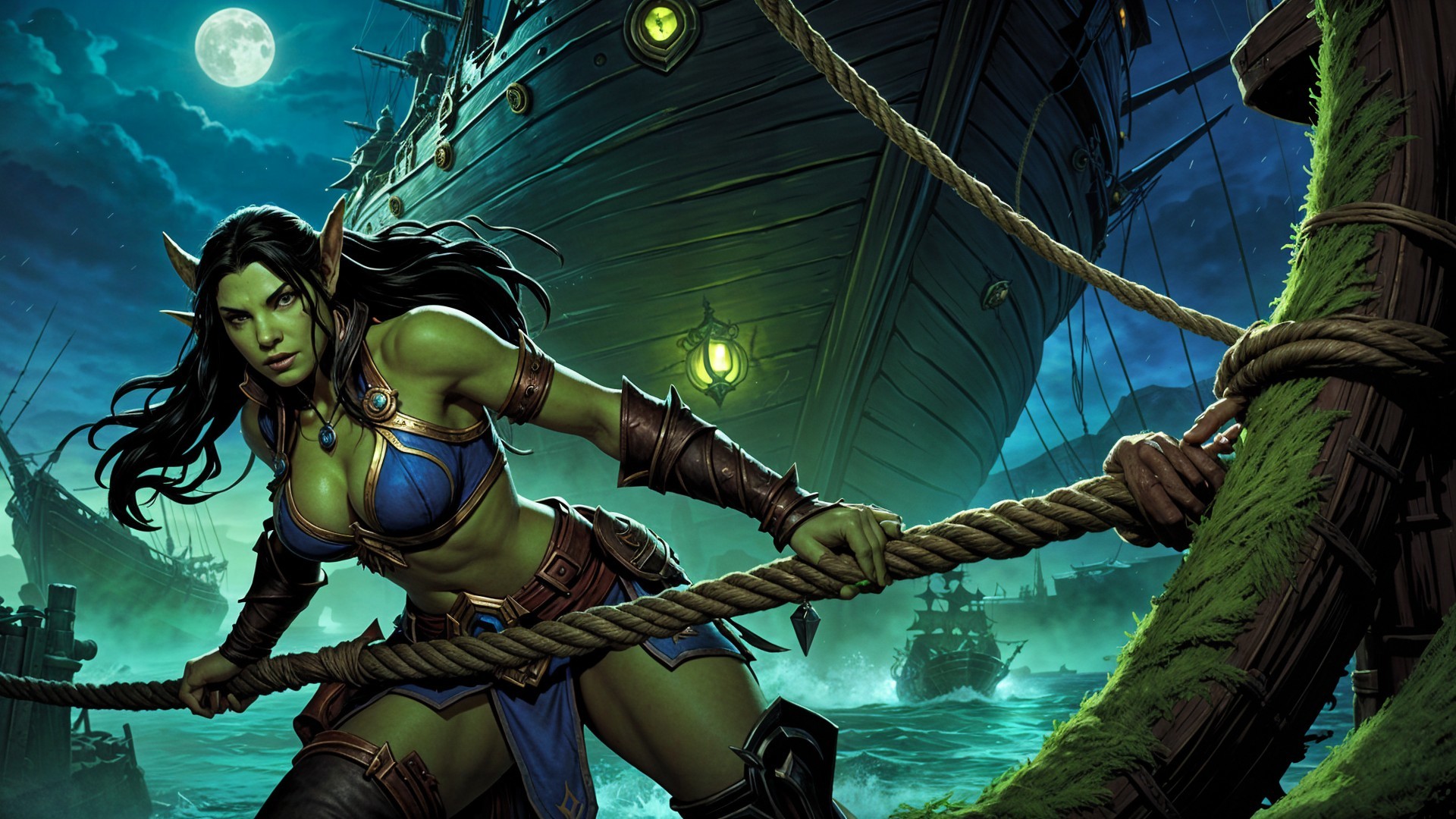 Fierce Female Character on Dock with Ominous Ship