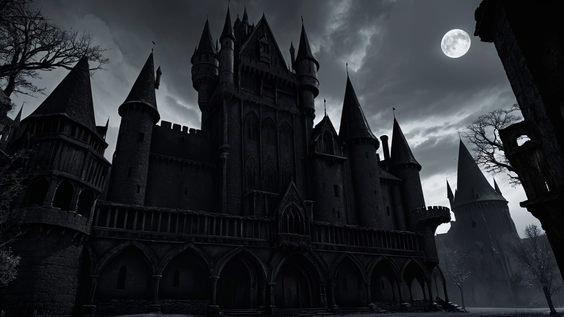 Gothic Castle Under Full Moon with Eerie Atmosphere