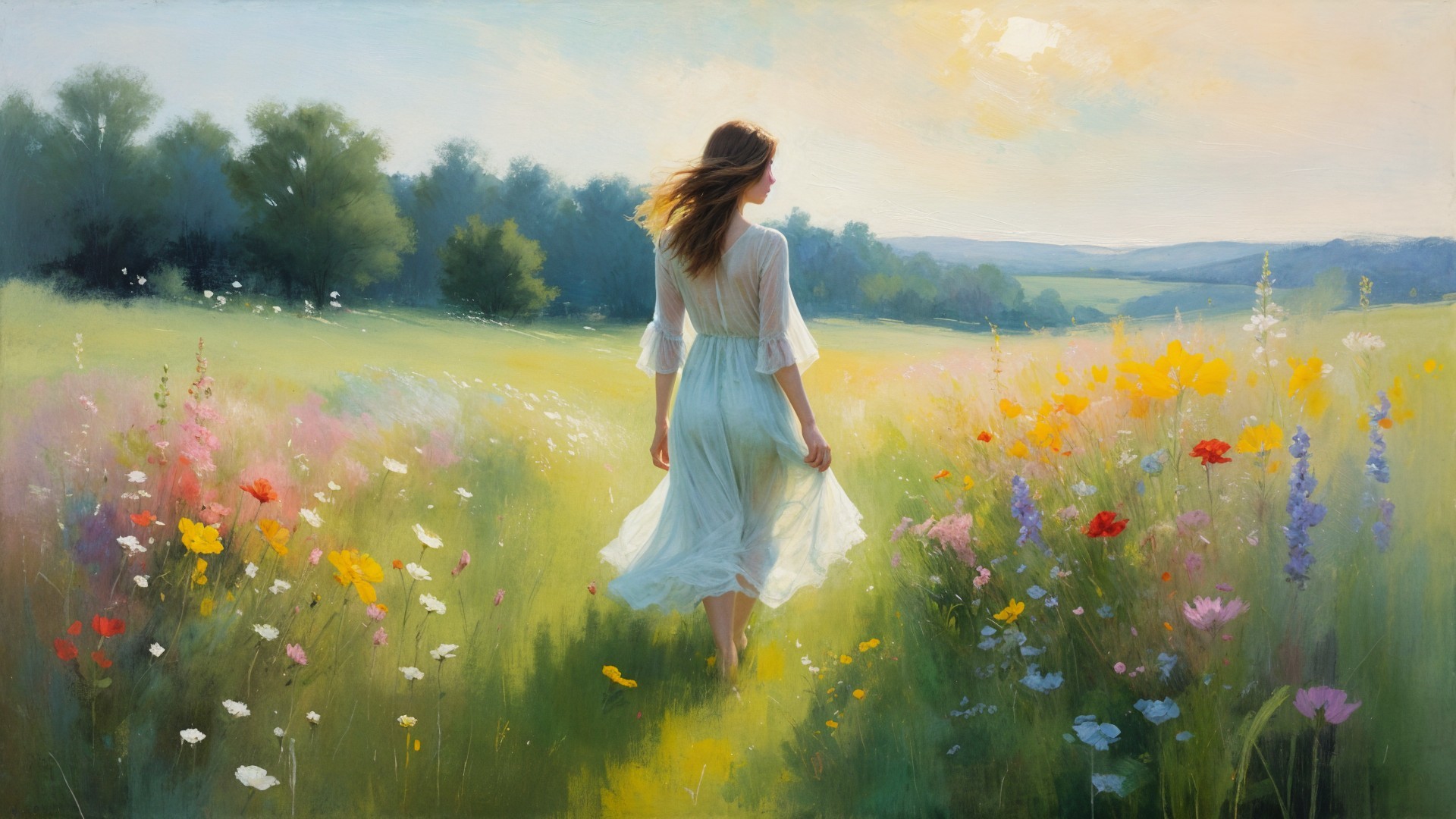 Woman in White Dress in Vibrant Wildflower Meadow