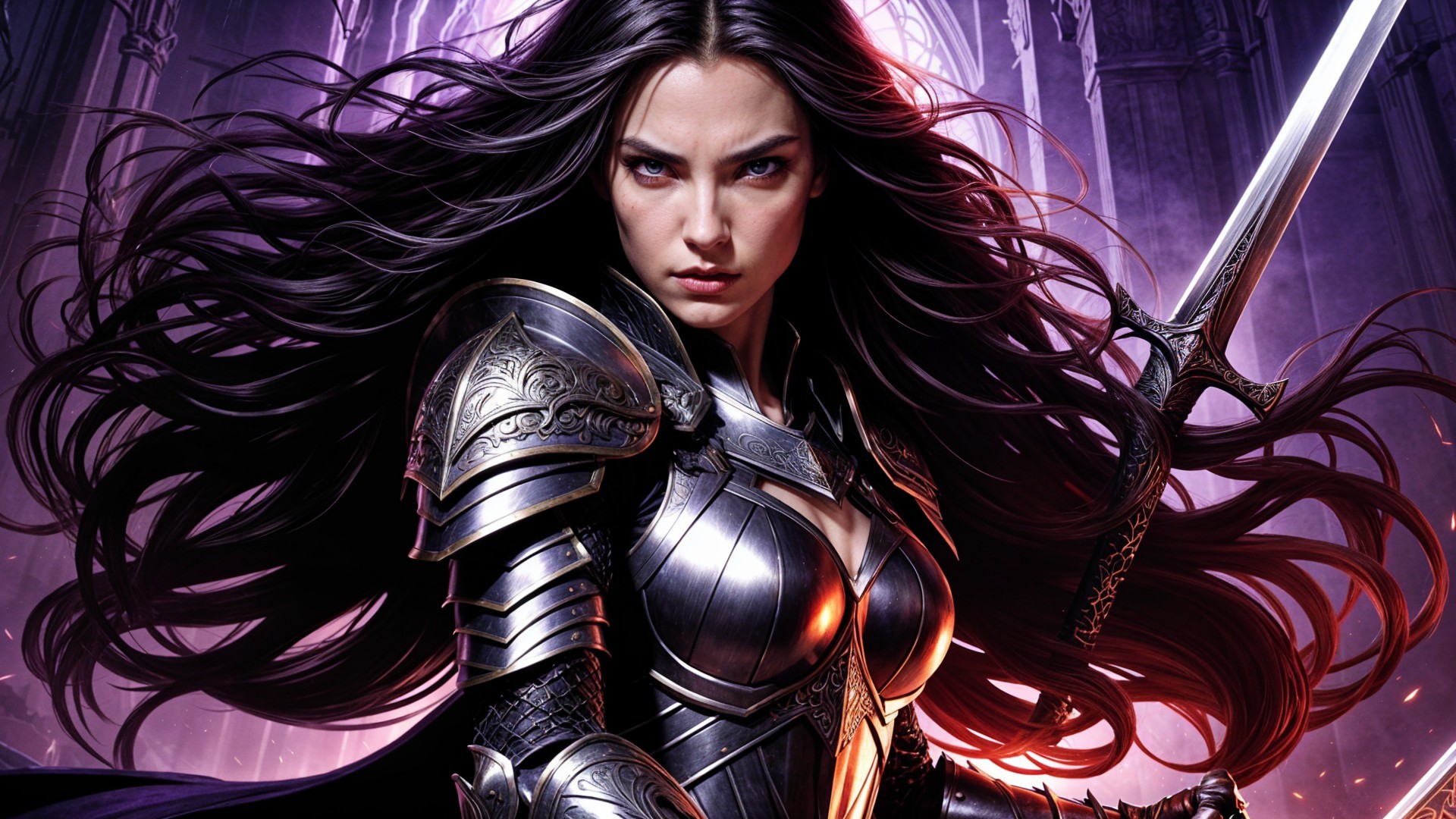 Fierce warrior in silver armor with gothic backdrop