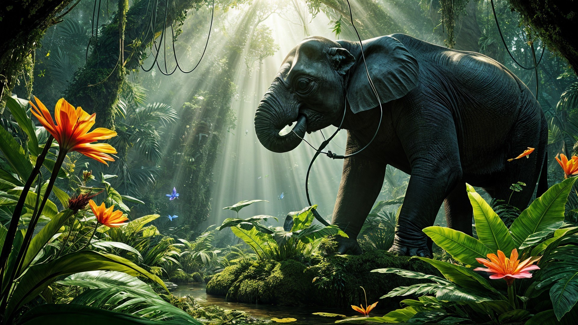 Majestic elephant in a vibrant jungle ecosystem