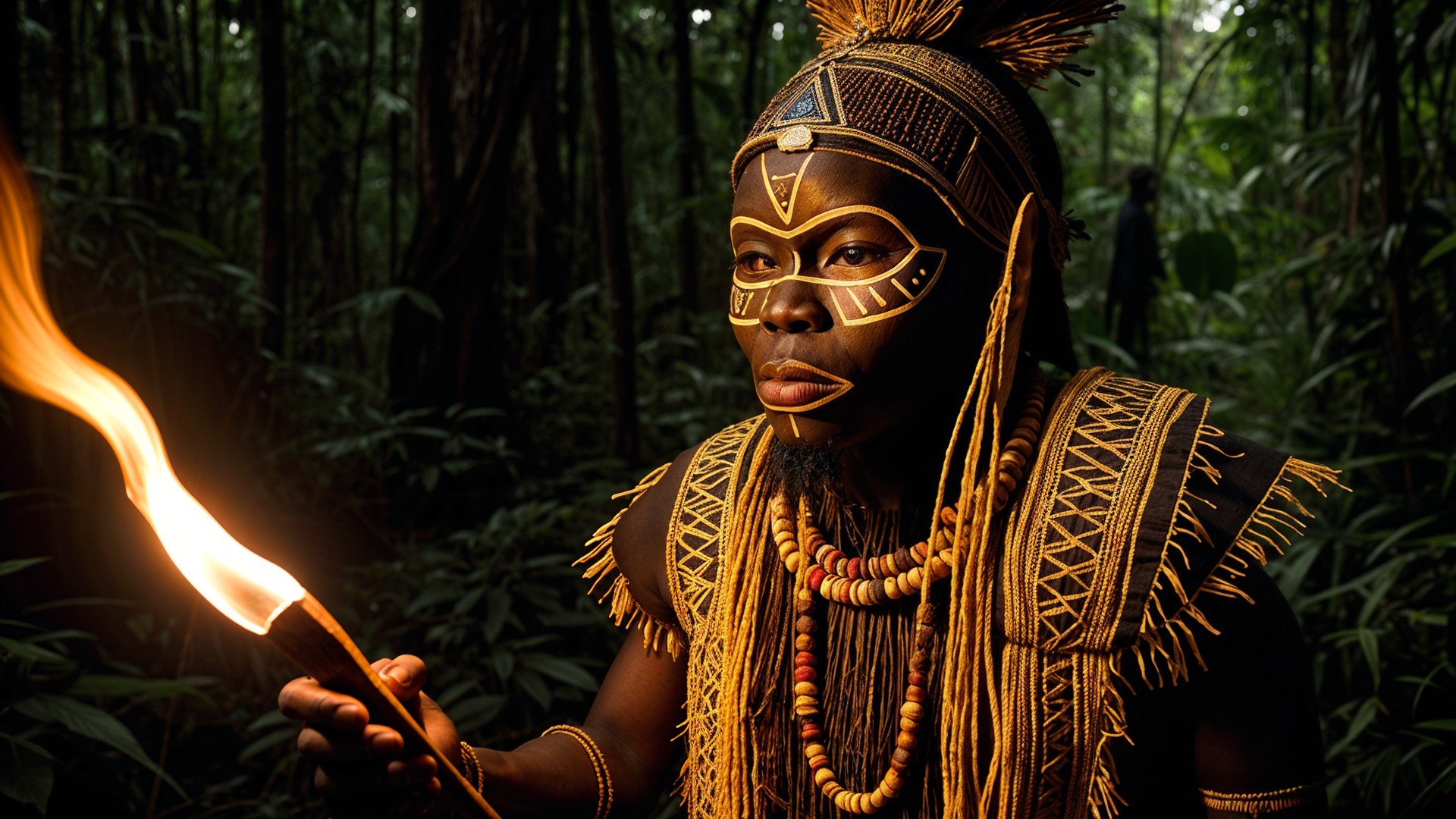 Warrior in Jungle with Torch and Tribal Attire