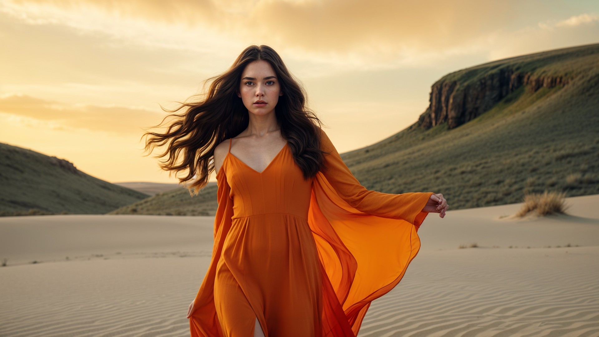 Desert Landscape at Sunset with Woman in Orange Dress