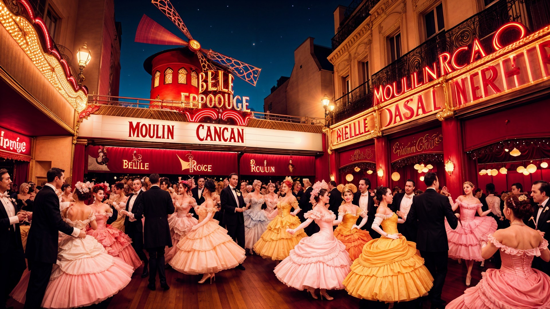 Vibrant Moulin Rouge Ballroom Scene with Dancers