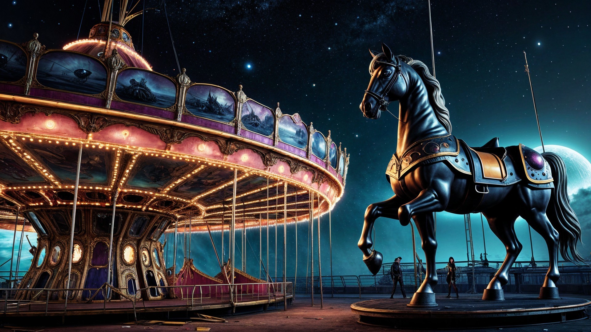 Grand Carousel with Vibrant Lights Under Starry Sky
