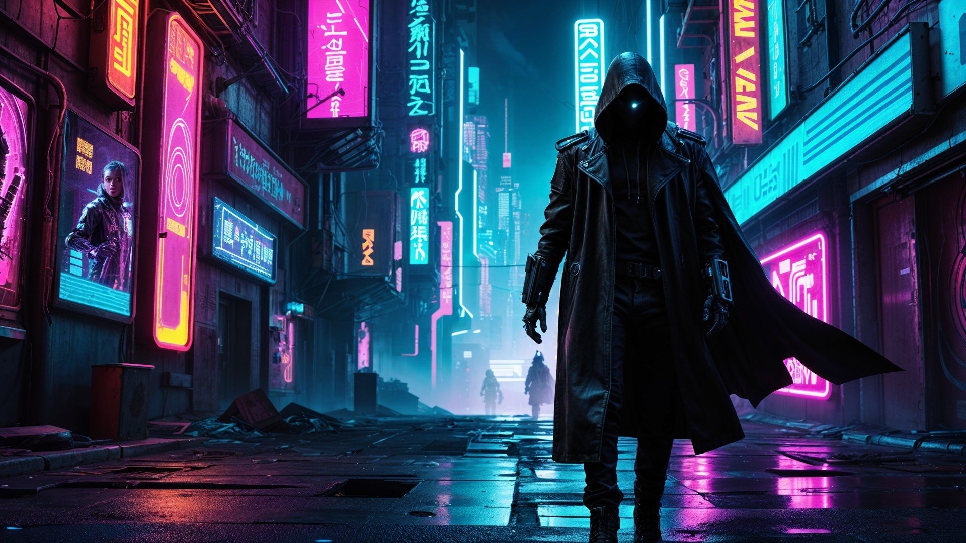 Mysterious Figure in Neon-Lit Urban Alleyway Scene