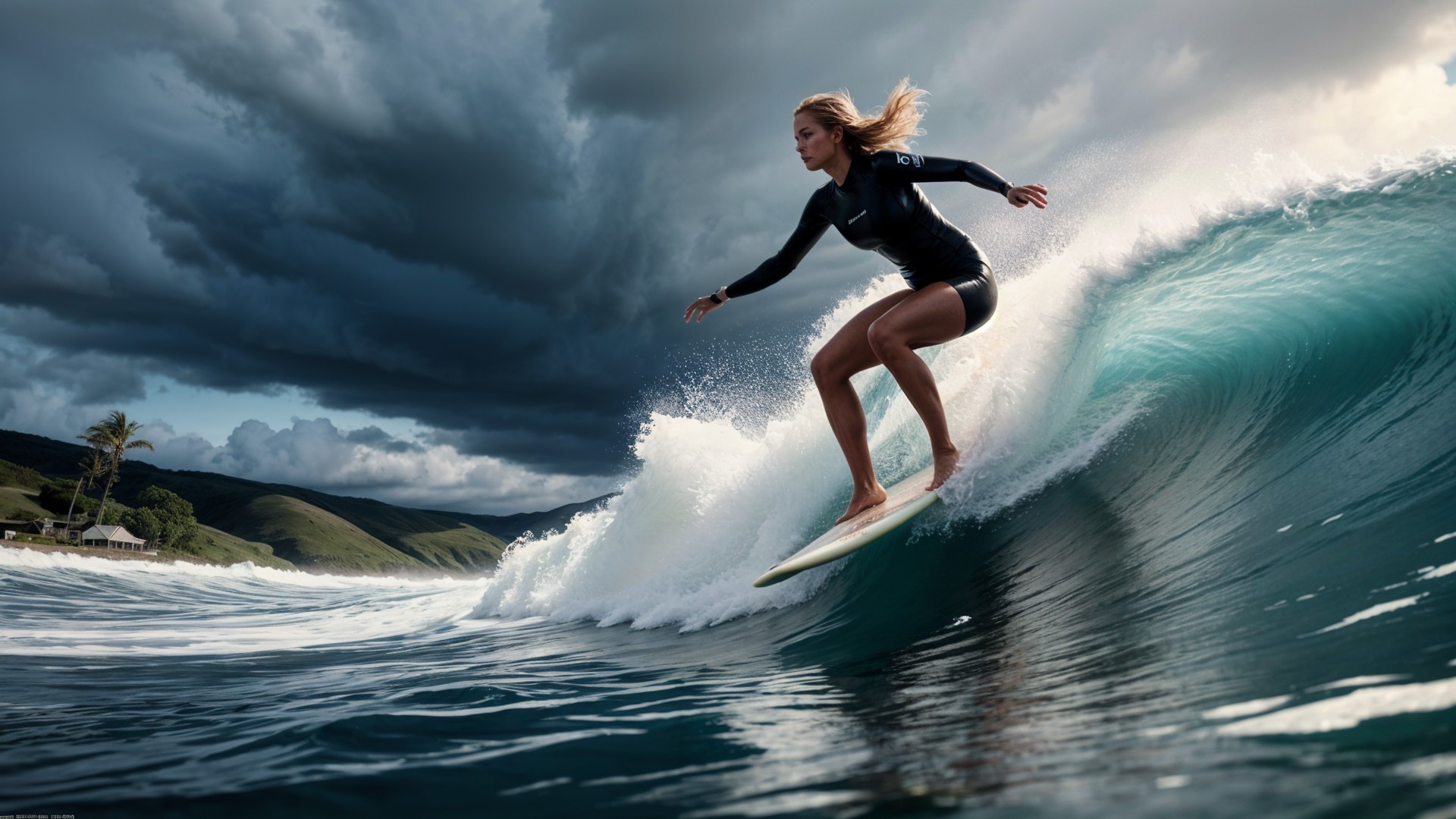 Surfer Riding Vibrant Wave Amid Stormy Clouds