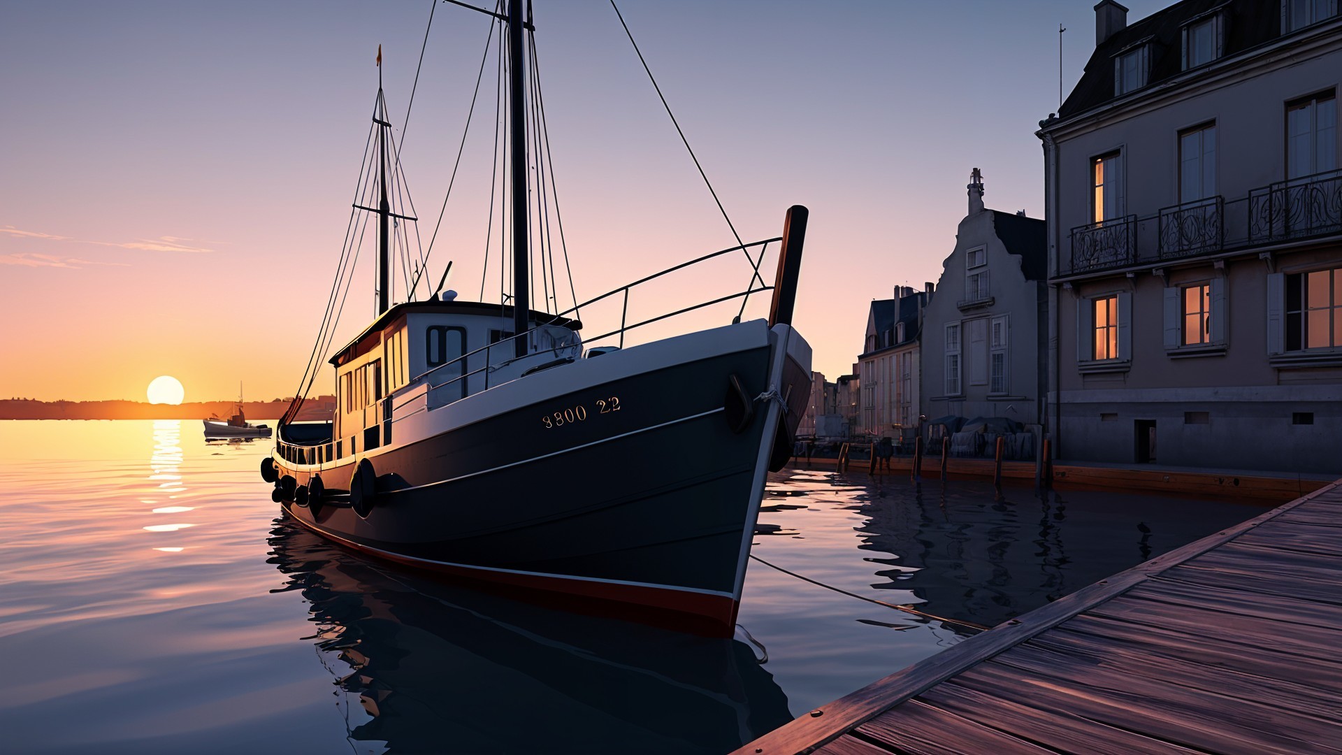 Dawn Serenity with Boat at Shimmery Waterfront