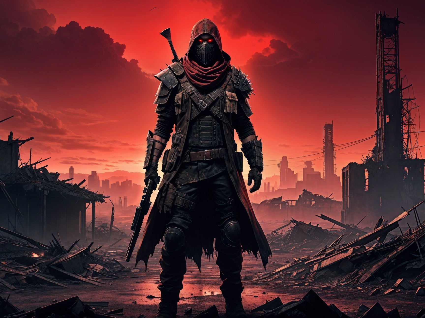 Hooded Figure in Post-Apocalyptic Urban Landscape