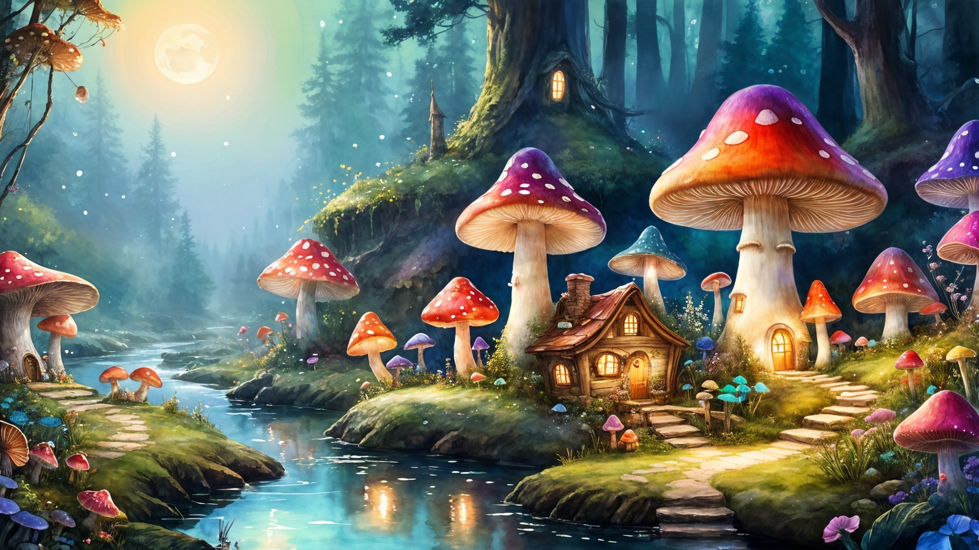 Whimsical Forest Scene with Colorful Mushrooms and Cottage