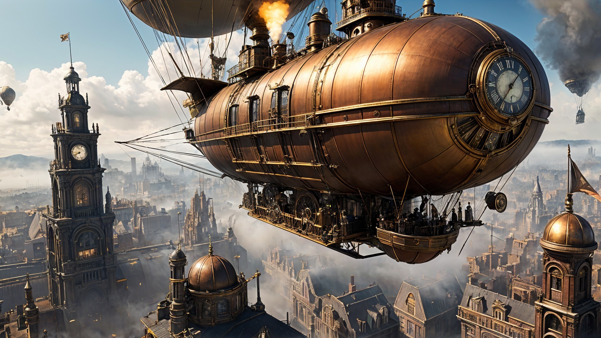 Steampunk Airship Overlooks Cityscape with Domes and Towers