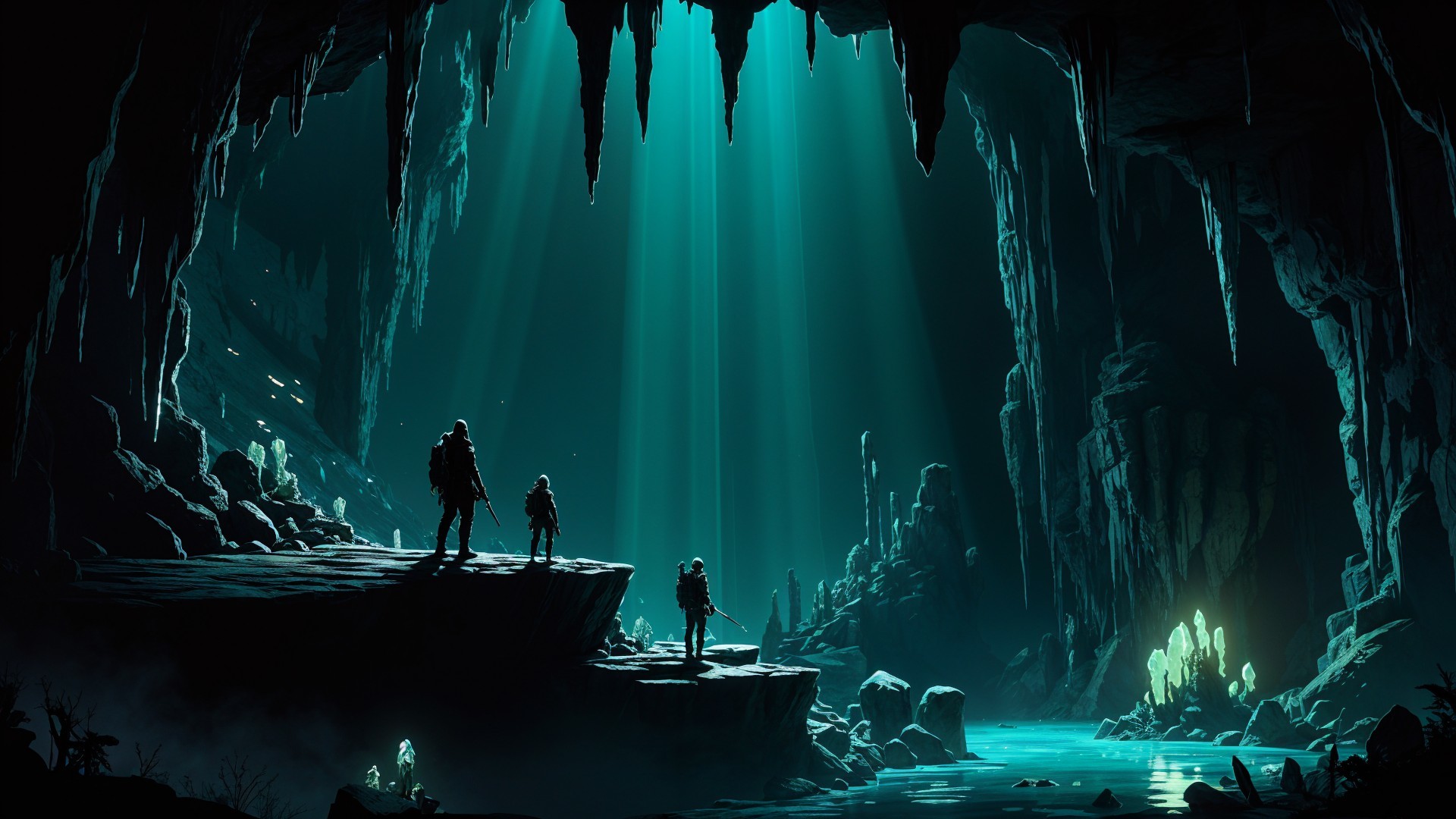 Silhouetted Figures in a Dark Cave with Turquoise Light