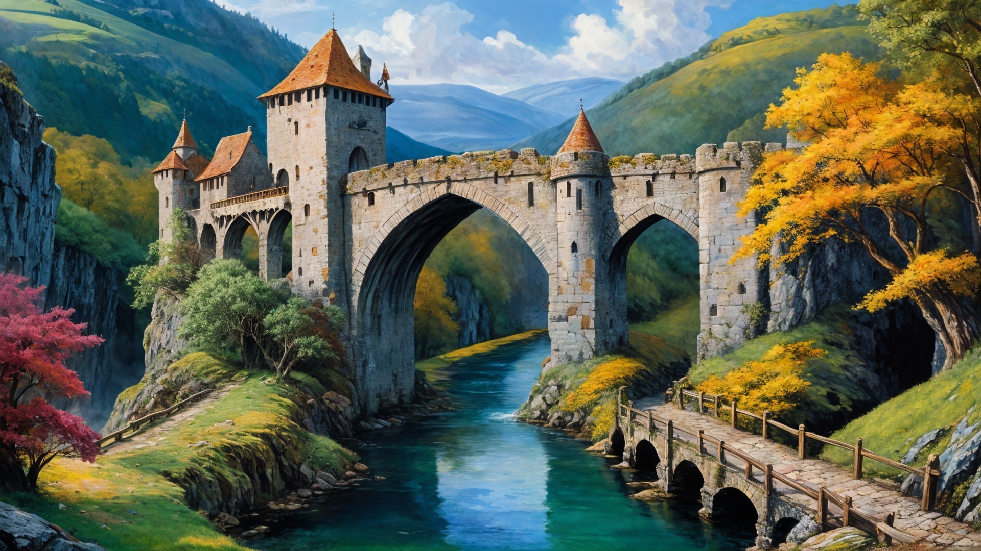 Stone Bridge Over Serene River and Autumn Landscape