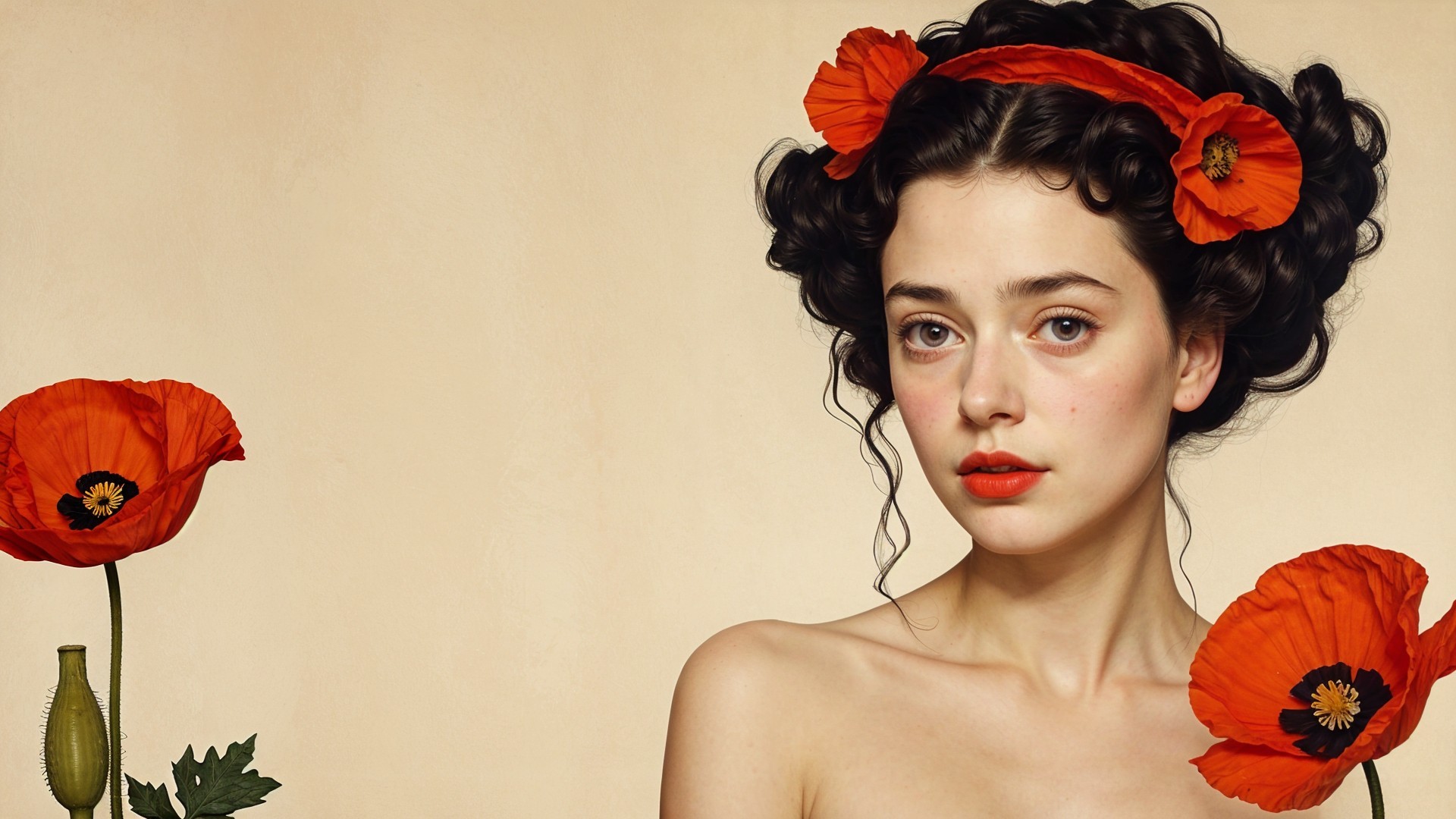 Young Woman with Curly Hair and Red Poppies