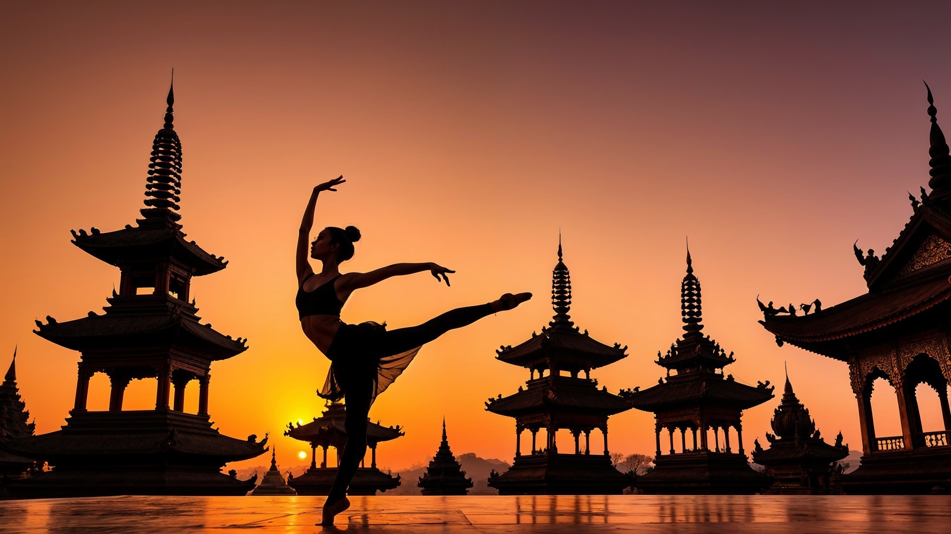 Ballet Dancer Posing at Sunset with Pagoda Silhouettes