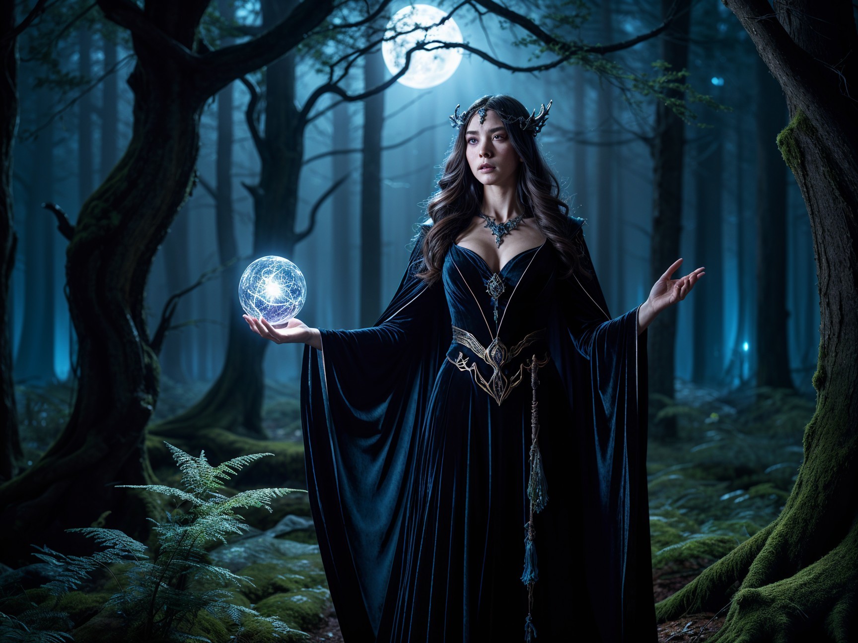 Mystical Sorceress in Enchanted Forest with Orb