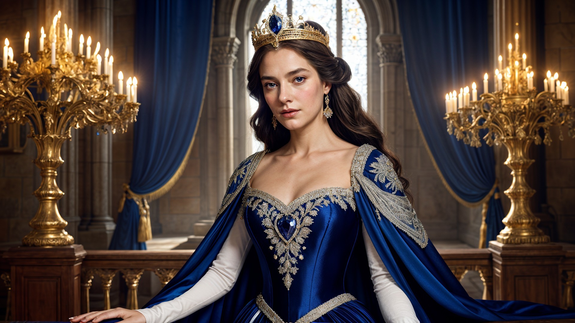 Regal Figure in Elegant Blue Gown in Castle Setting