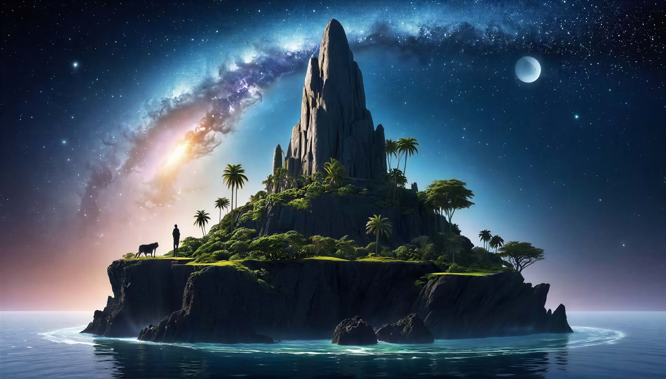 Fantastical Night Landscape with Island and Mountain Peak