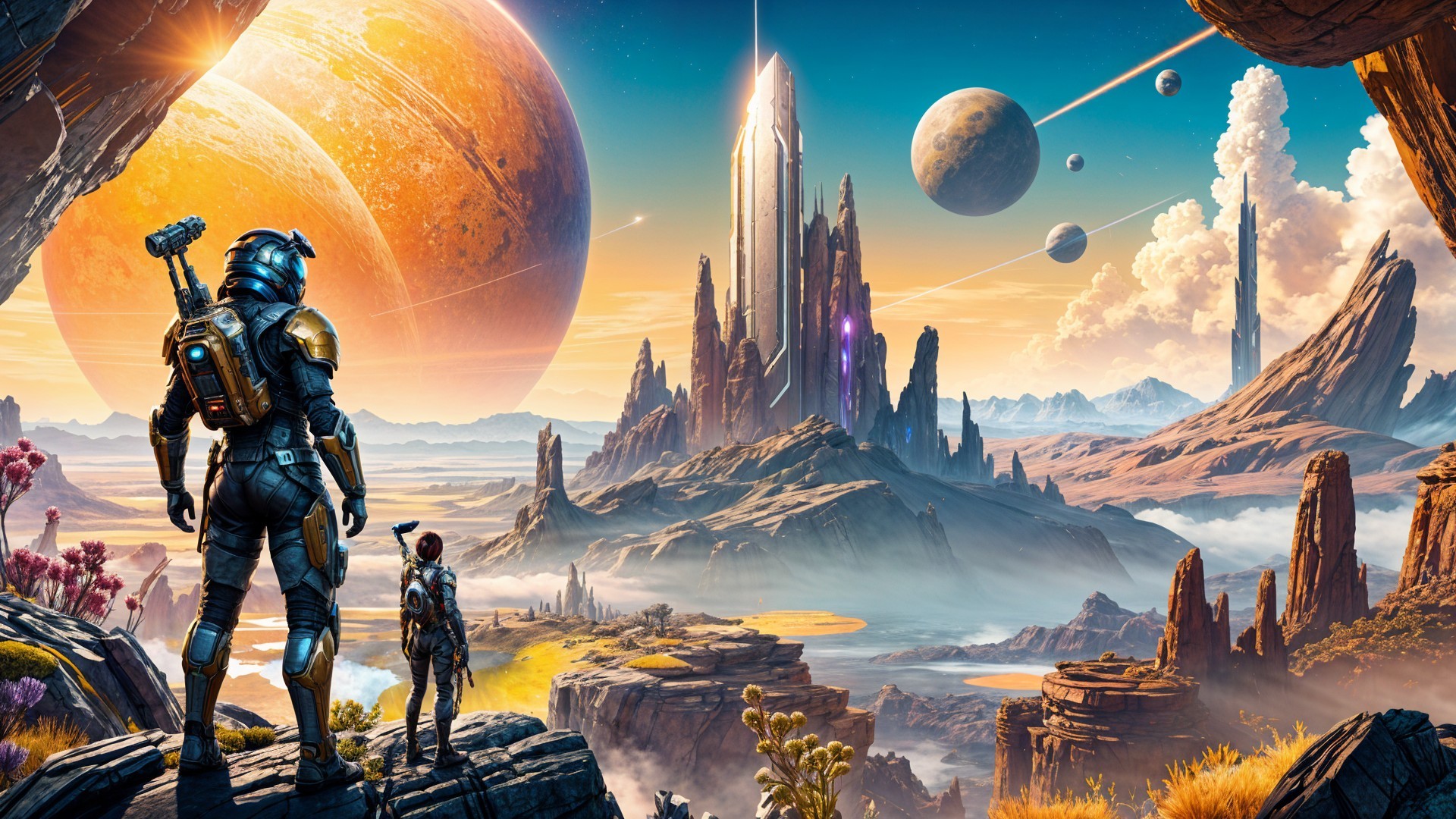 Alien Landscape with Explorers and Vibrant Sky
