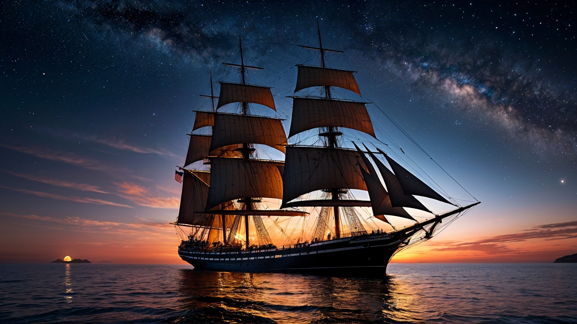 Tall Ship Sailing at Dusk Under Starry Sky