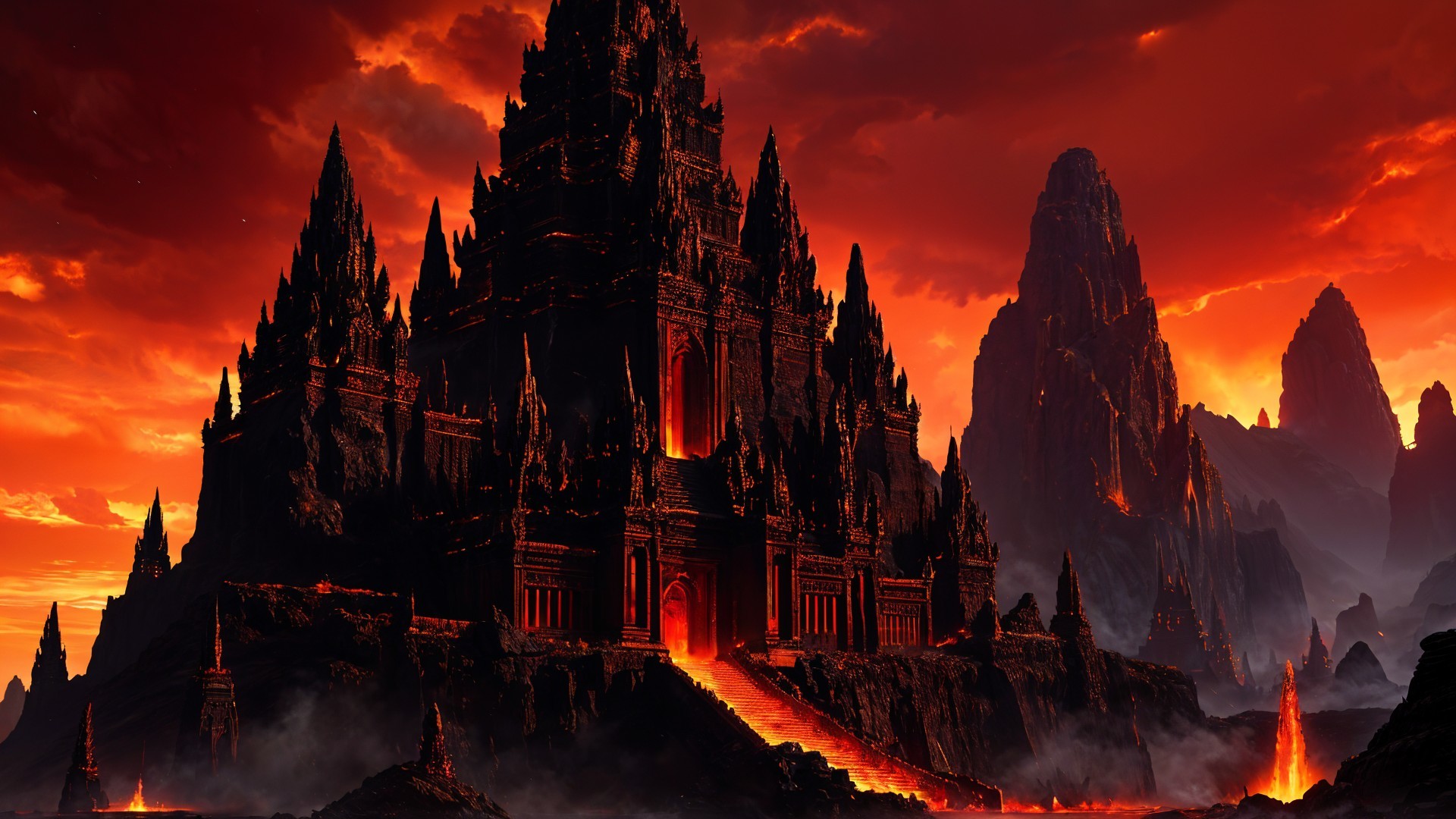 Majestic Castle in Volcanic Landscape with Lava Flow