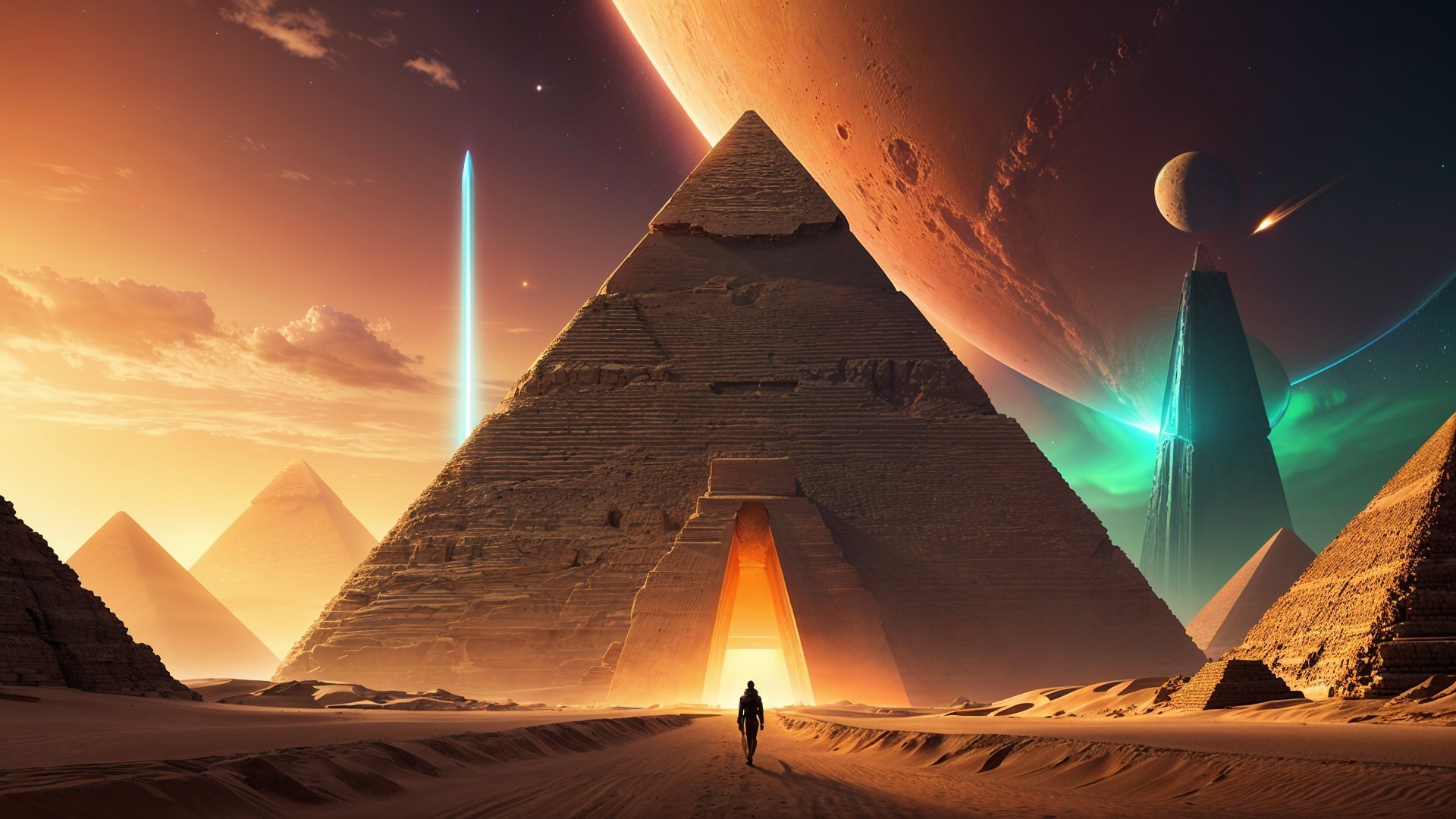 Lone Figure Approaches Glowing Pyramid in Alien Landscape