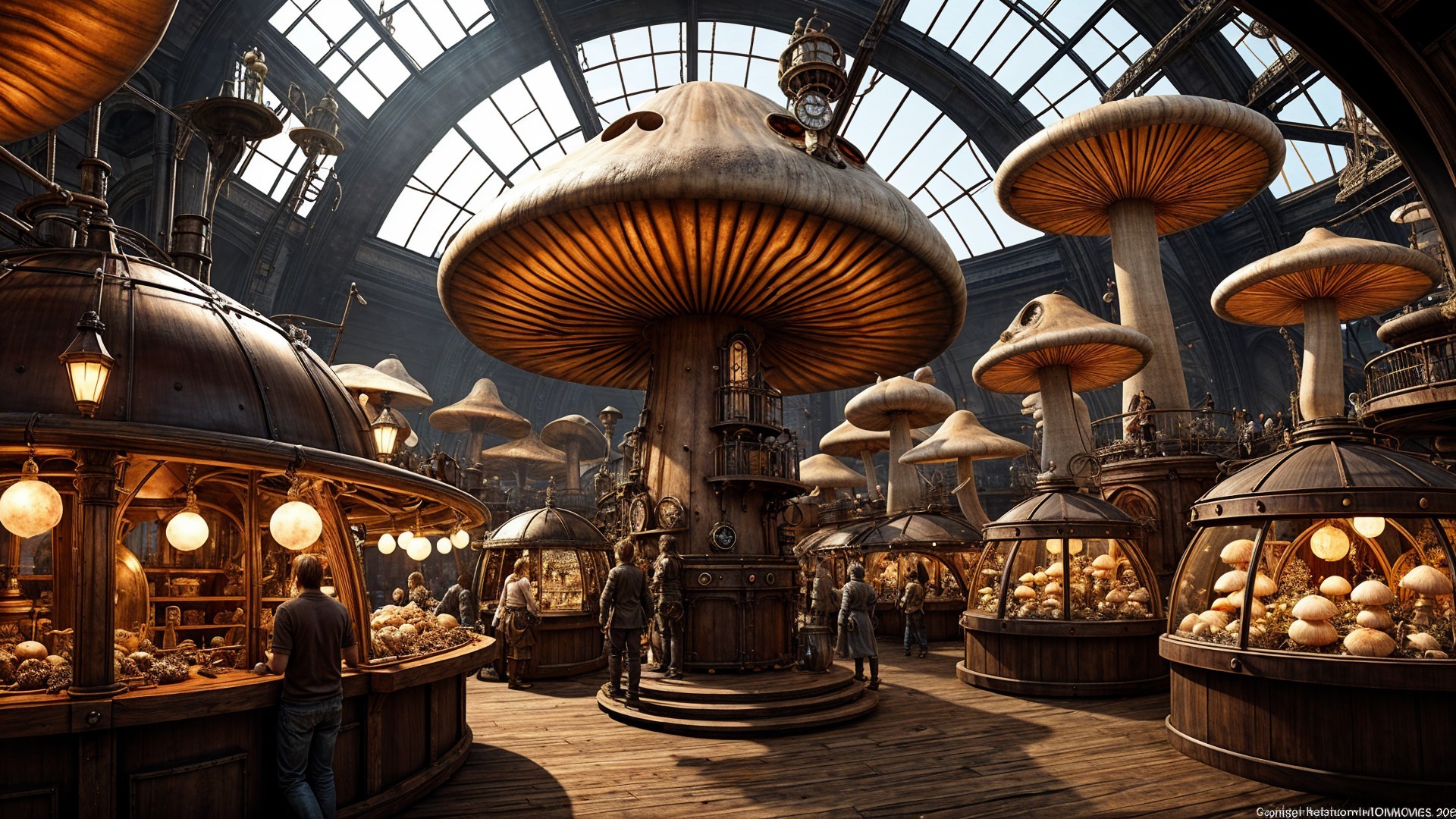Surreal Mushroom Marketplace with Glowing Orbs
