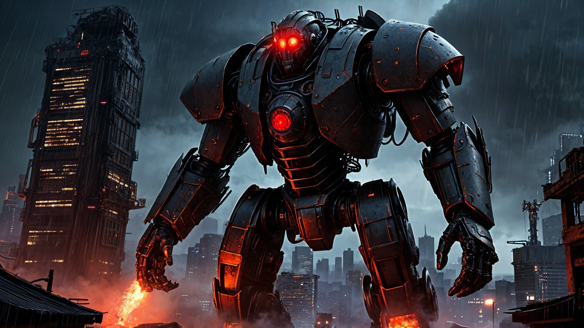 Menacing Robot Overlooks Futuristic Cityscape