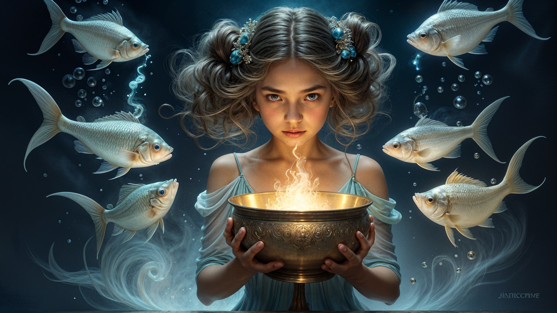Mystical Scene of Girl with Glowing Bowl and Fish