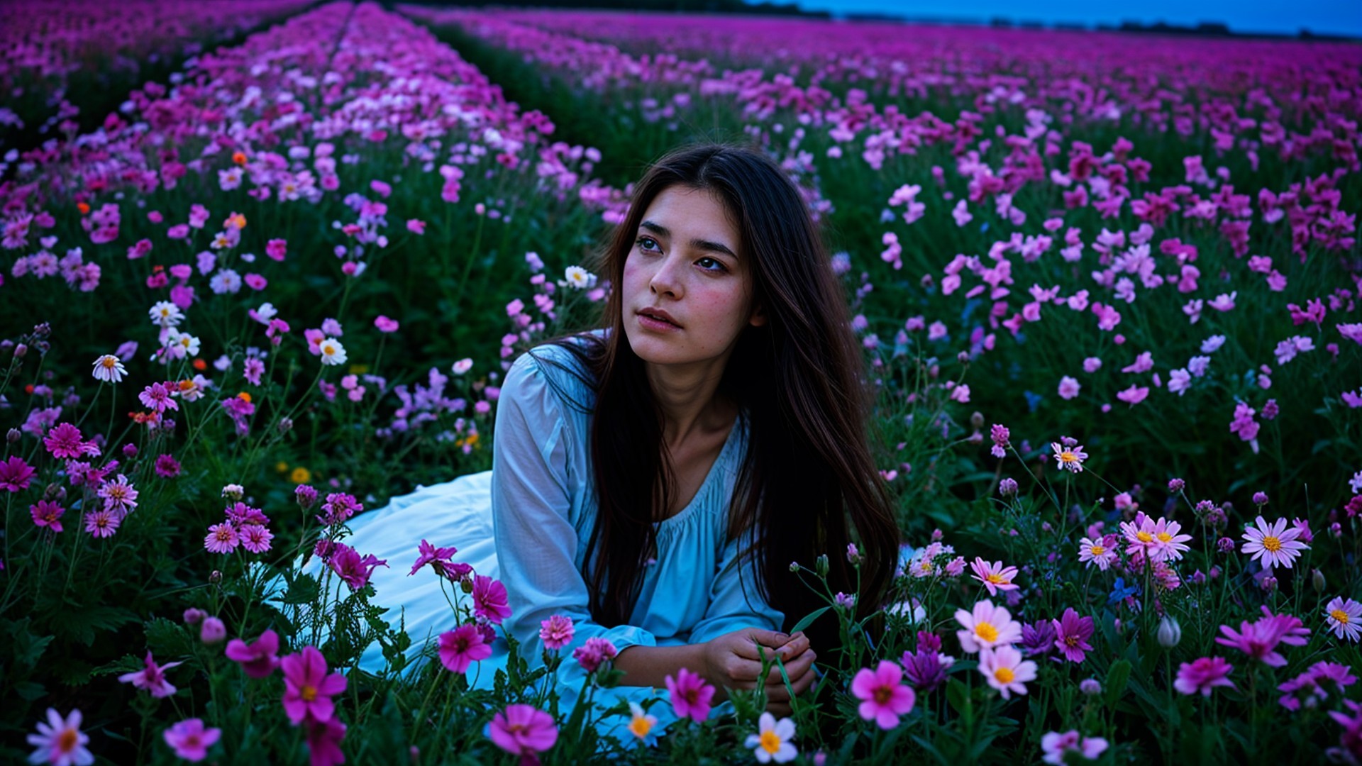 Young woman in a field of pink and white flowers