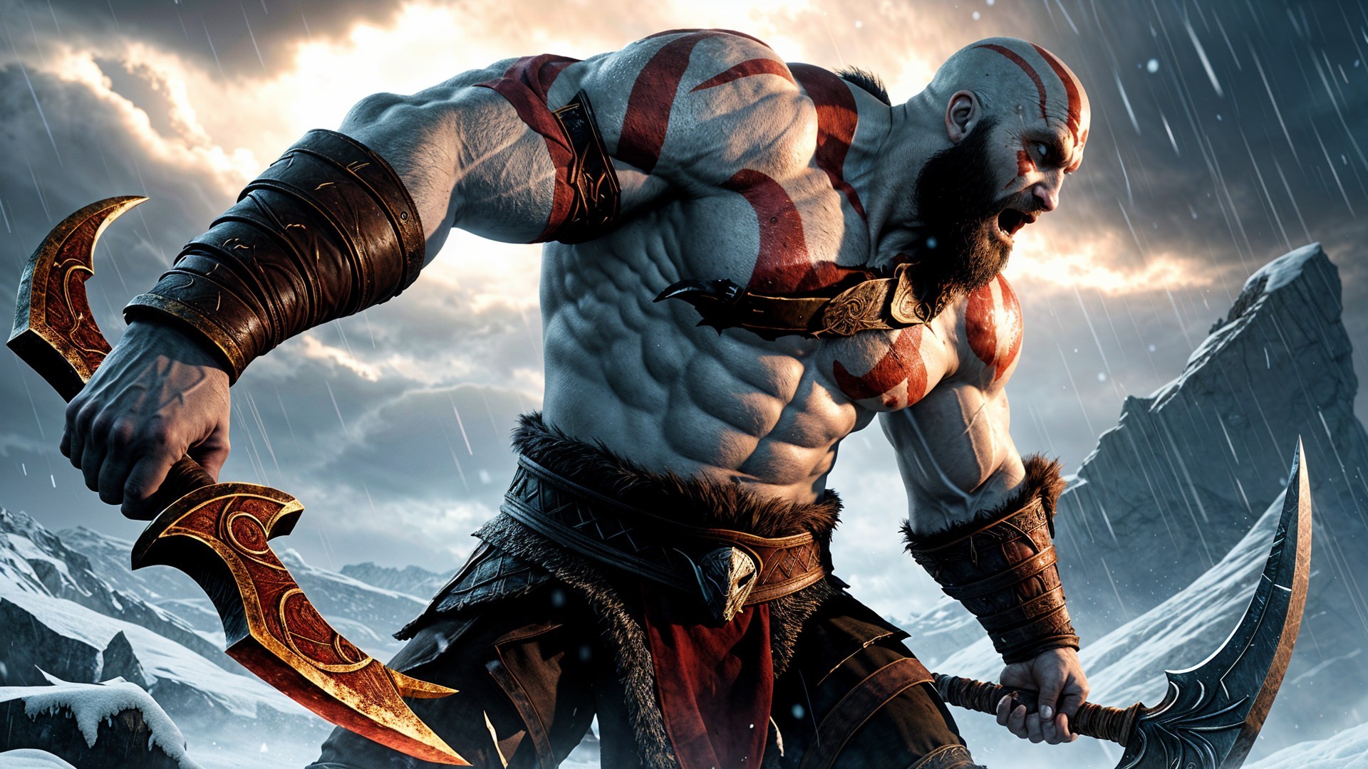 Muscular Warrior in Snowy Landscape with Dual Weapons