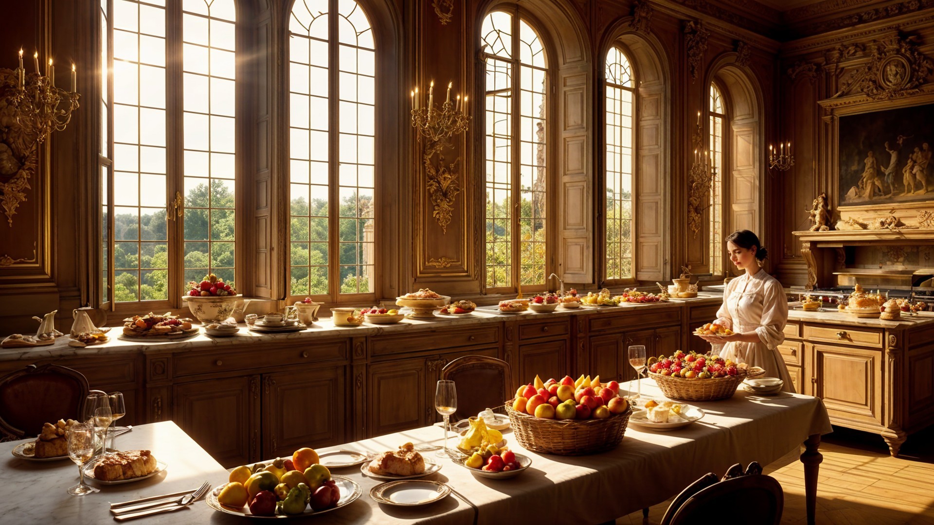 Elegant Kitchen Display of Fruits and Pastries