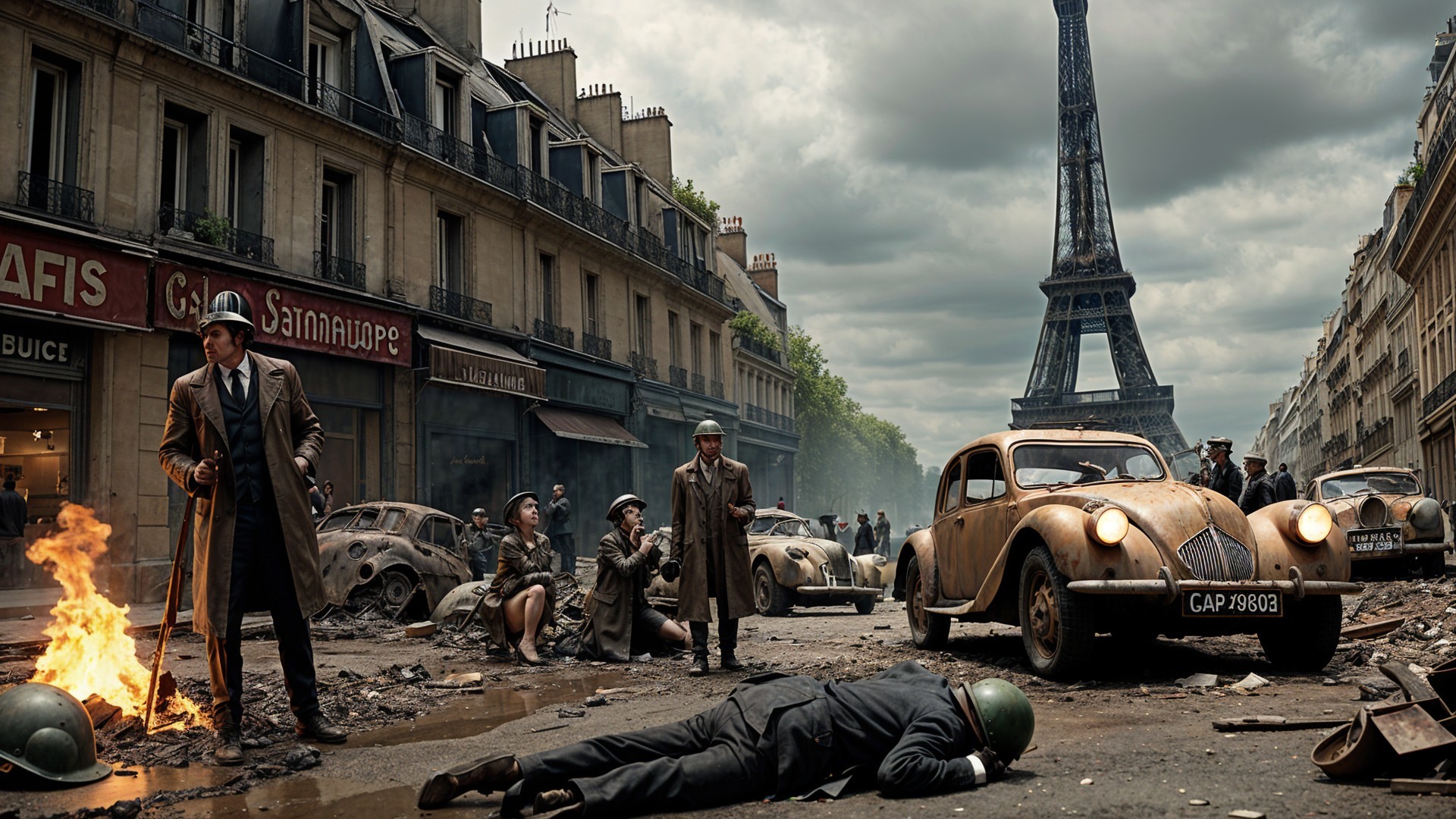 Somber Gathering in War-Torn Paris with Eiffel Tower