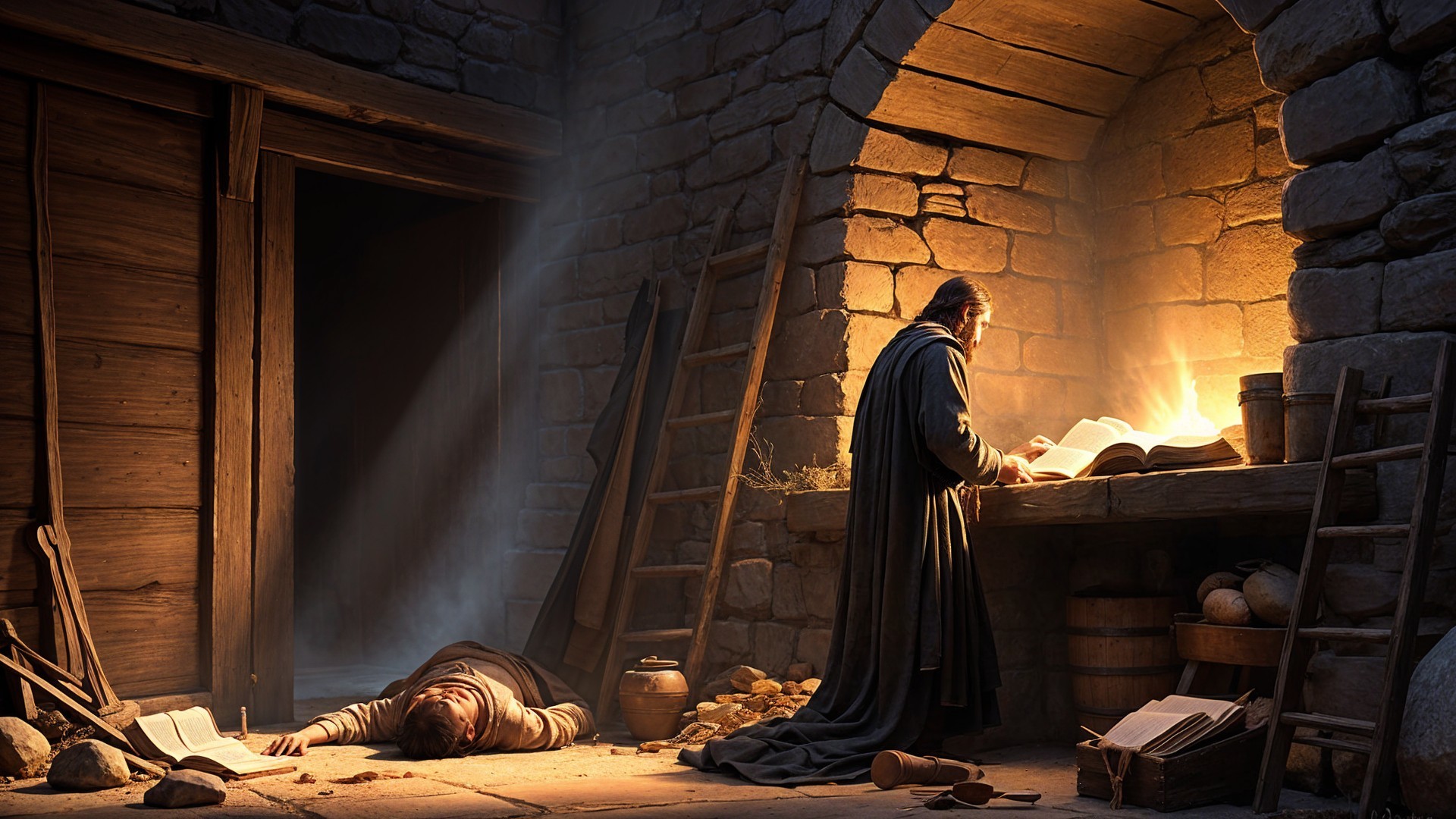 Cloaked Figure Studies Ancient Texts in Stone Room