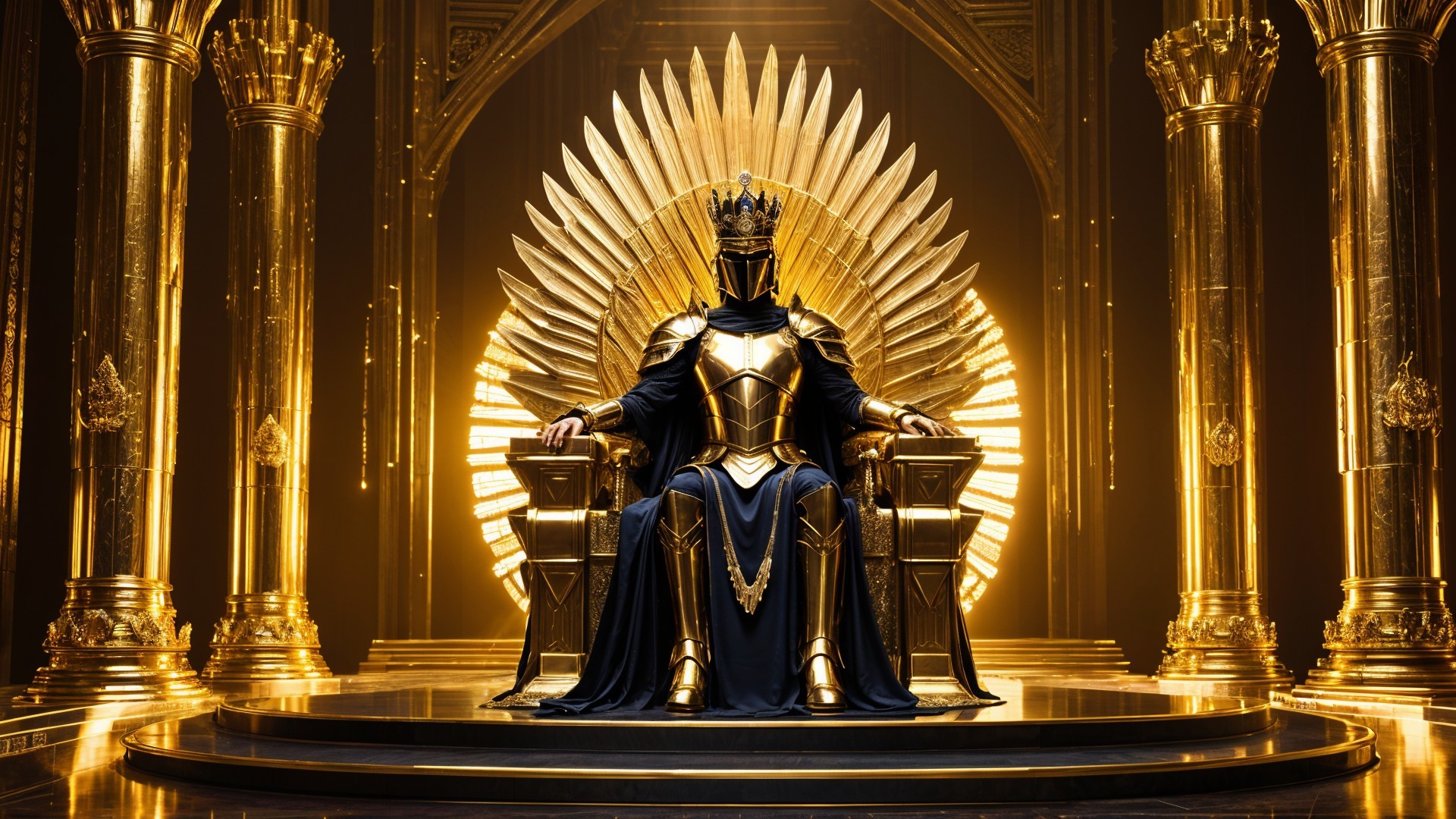Majestic Figure on Ornate Throne in Golden Armor