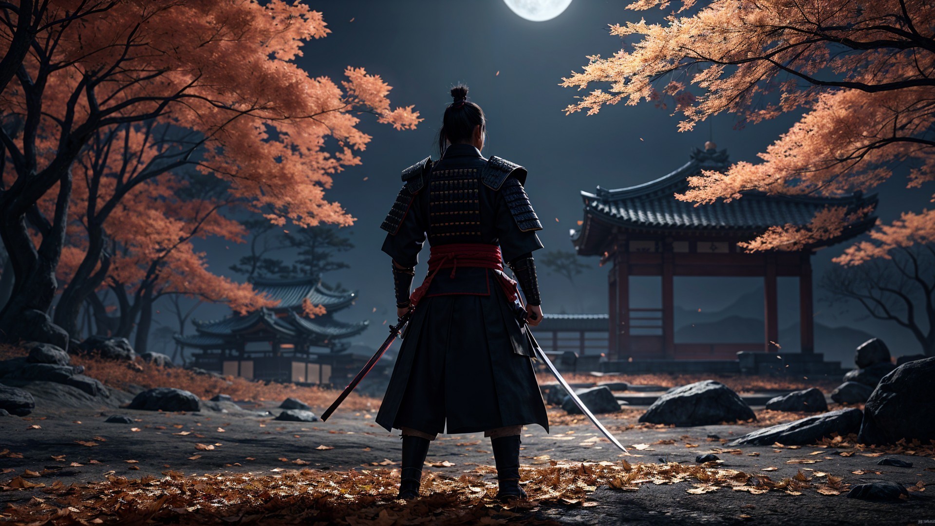 Samurai in Autumn Landscape with Moonlit Background