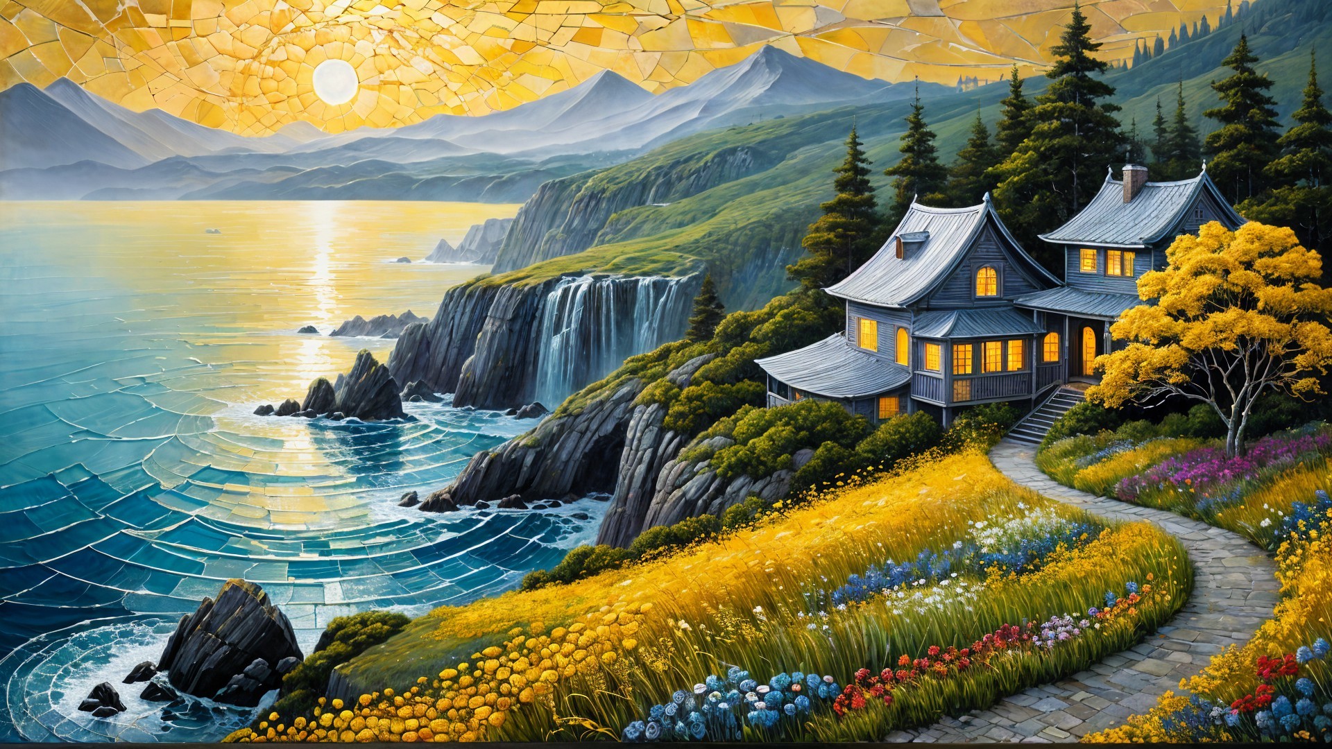 Serene Landscape with Cozy House by Tranquil Sea