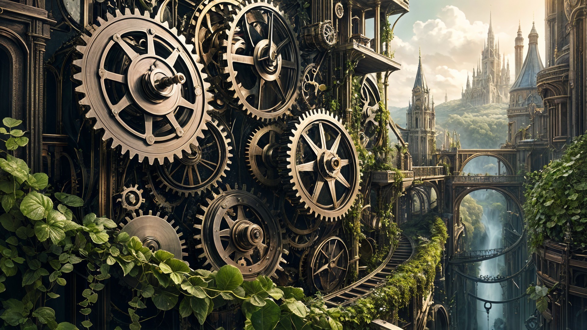 Fantastical Steampunk Landscape with Gears and Castles