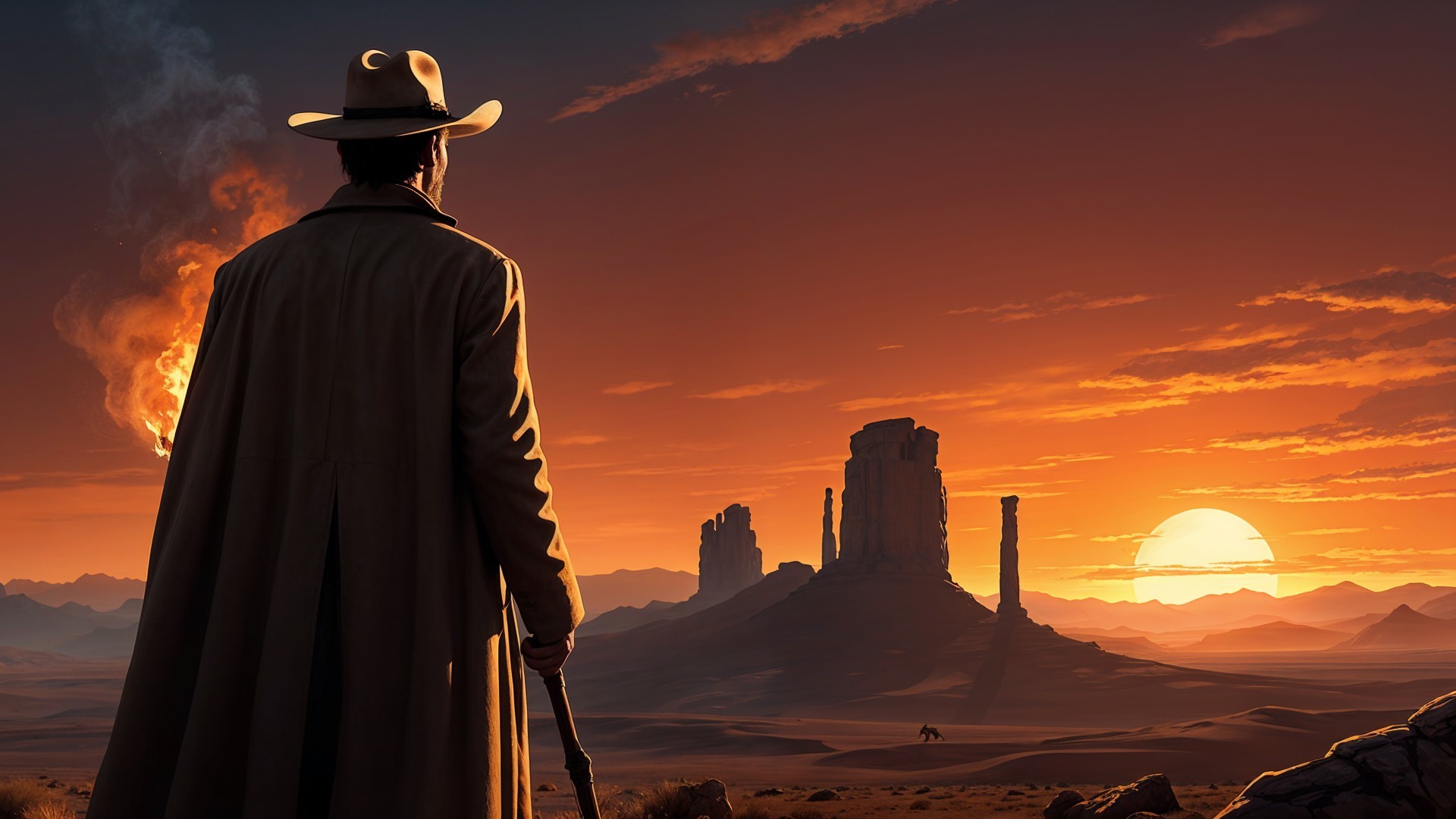 Silhouetted Cowboy Against Desert Sunset Landscape