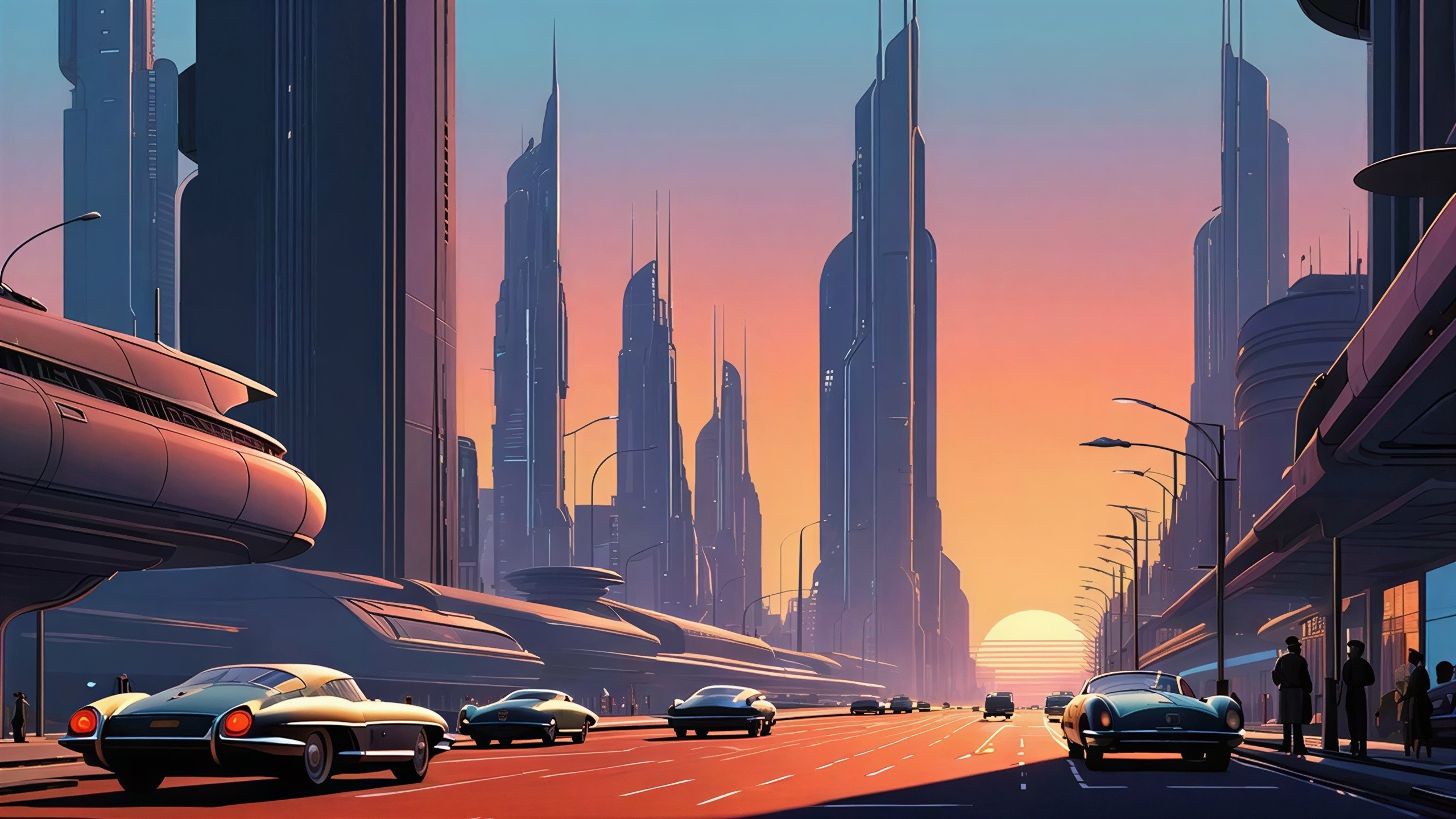 Ultra-Modern Cityscape at Sunset with Futuristic Elements