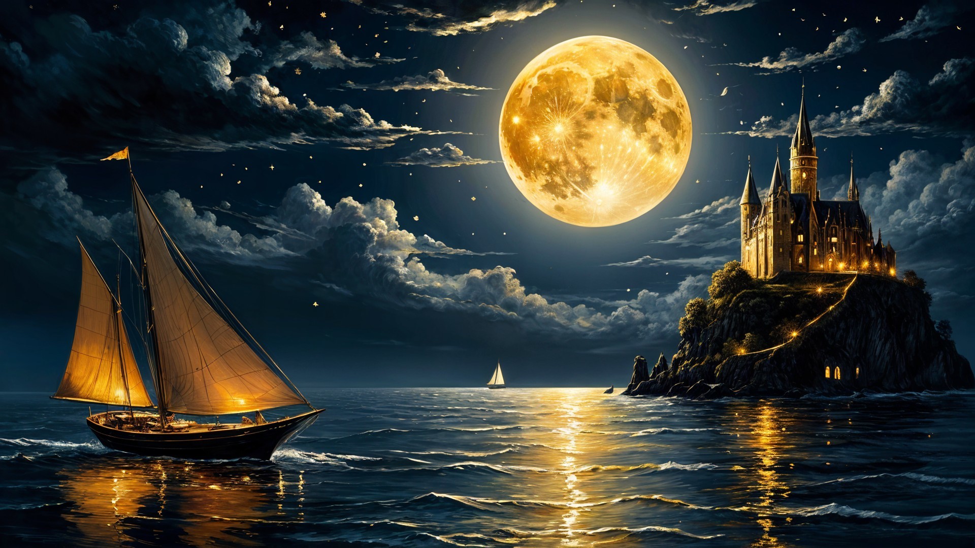 Nighttime Scene with Boat, Moon, and Castle